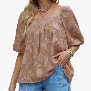 Flowy Chiffon Gauze Casual Loose Fit Square Neck Short Puff Sleeve Peasant Top